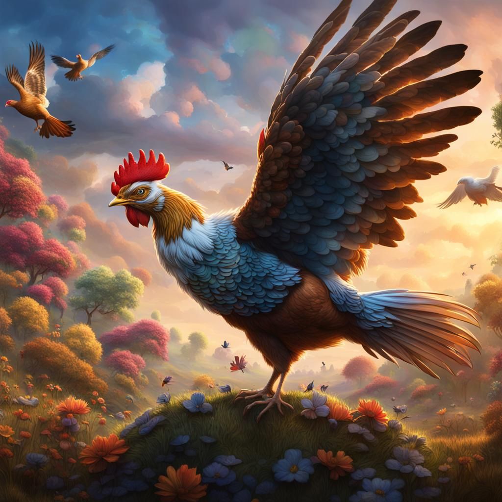 Hen Watching Colorful Bird: Fantasy Concept Art