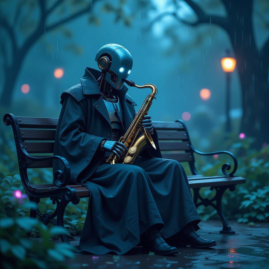 Melancholic Robot Minstrel in Bioluminescent Cyberpunk Garde...