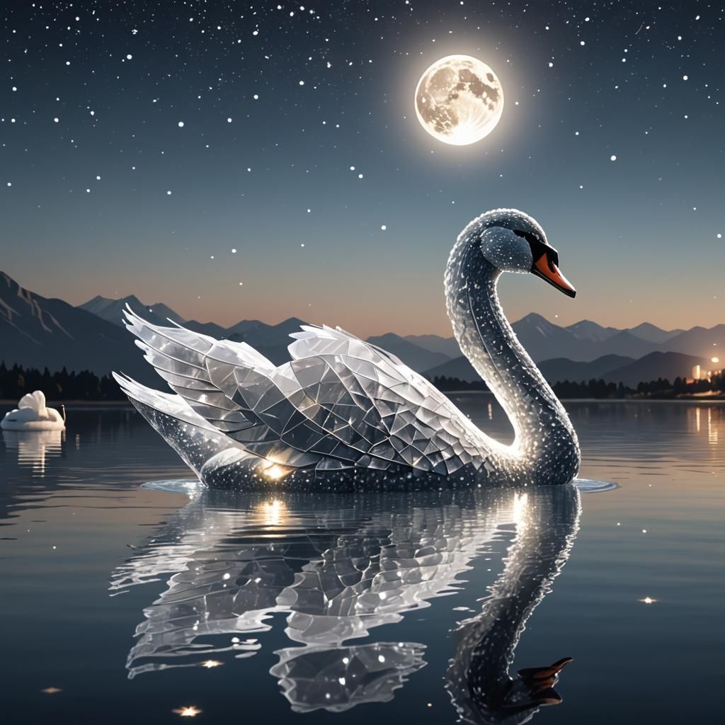 Geometric Crystal Swan Gliding on Lake