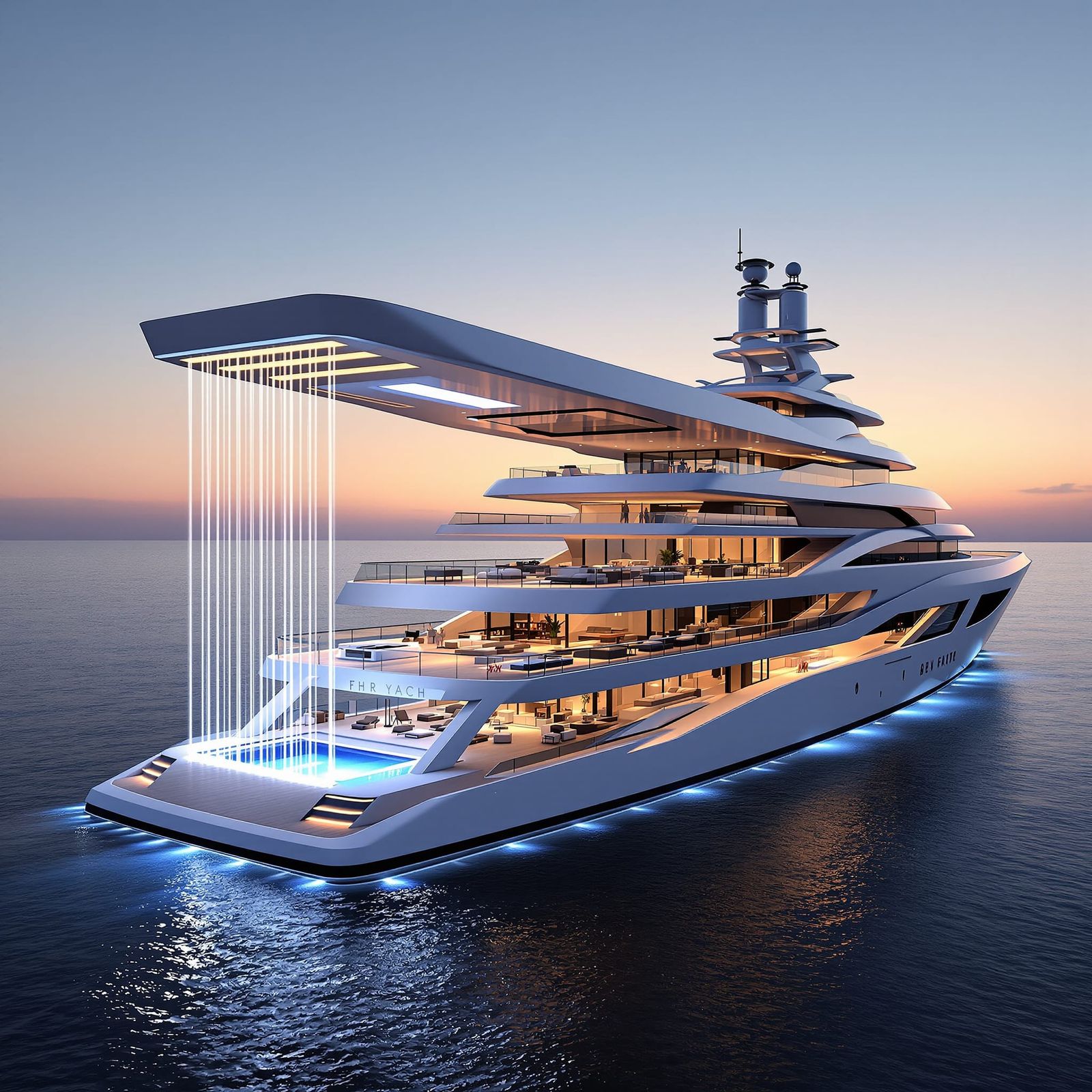 Modern Superyacht at Sunset with LED Waterfall