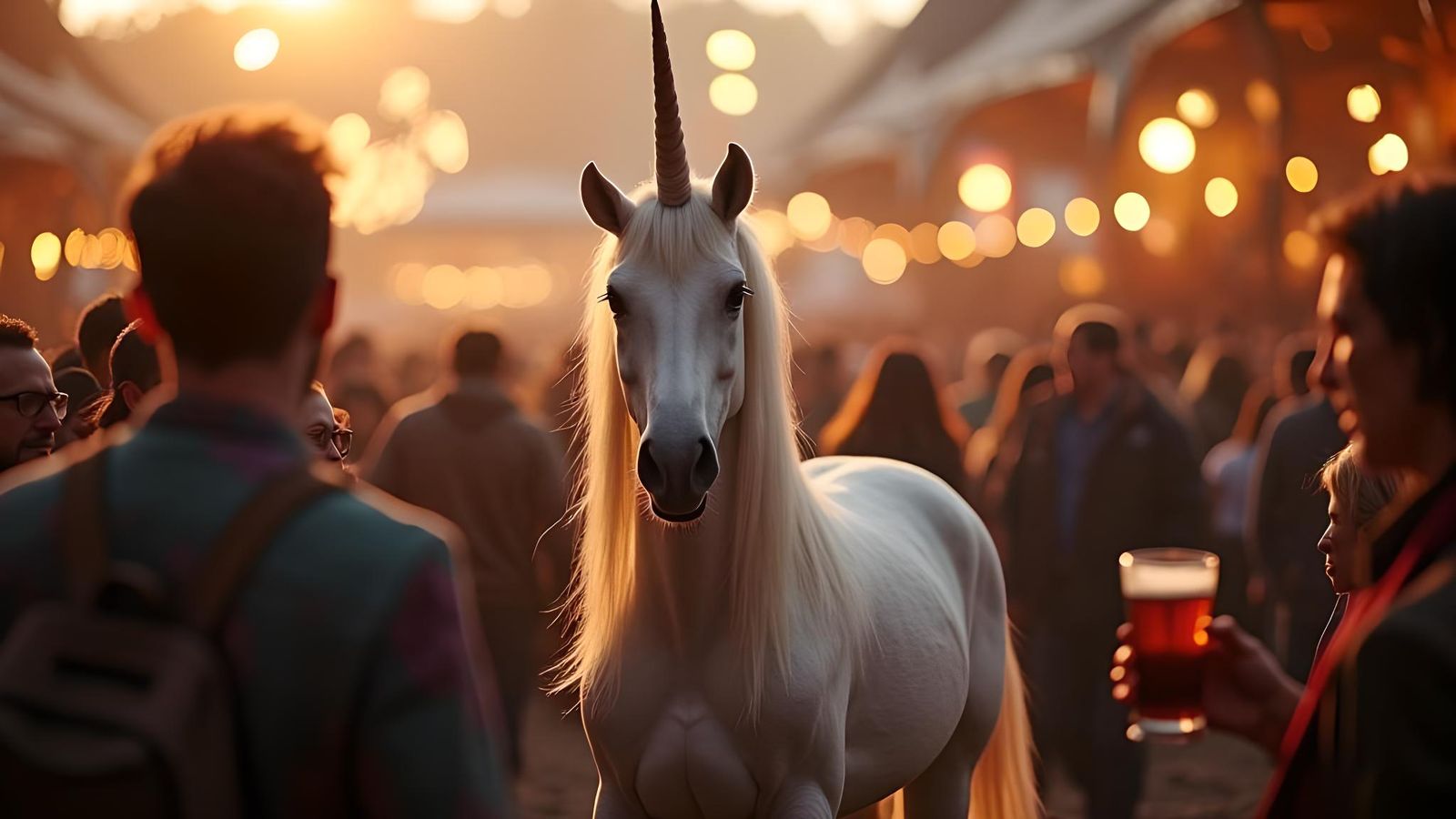 Unicorn Disrupts Oktoberfest Beer Crowd: A Whimsical Scene