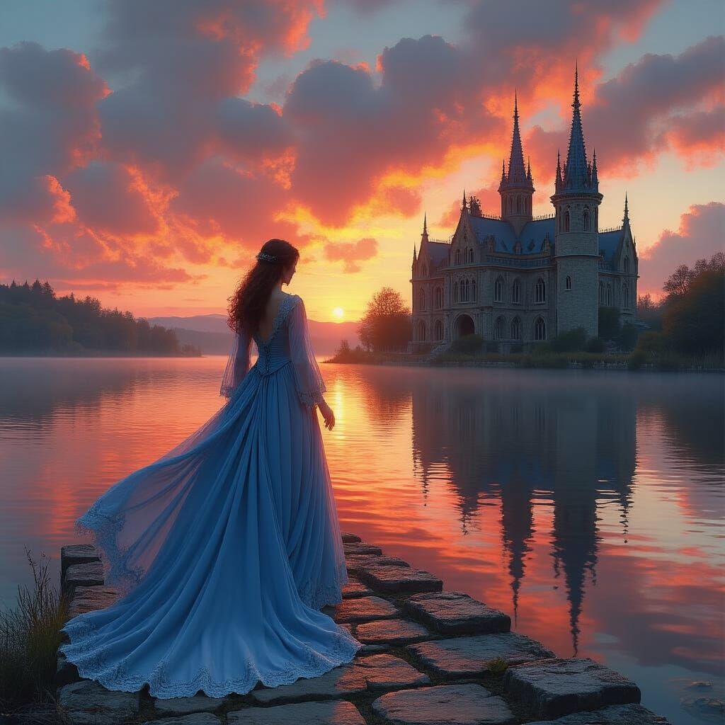 Woman on Pier with Castle in Romantic Style
