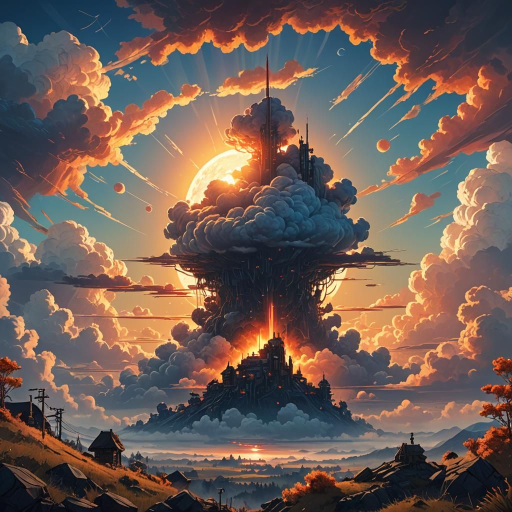 Majestic Sunrise Over Fluffy Clouds in Fantasy Landscape