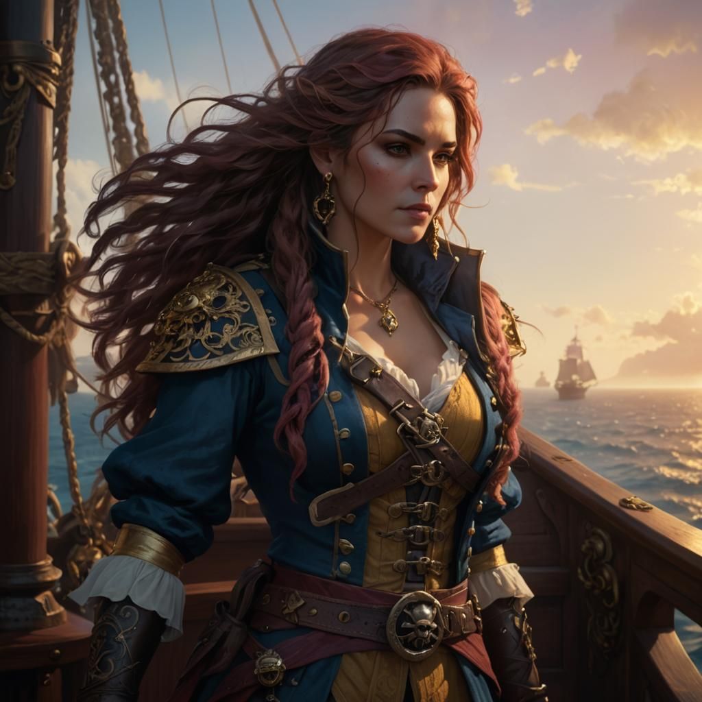 Regal Pirate Captain on Ship, High Fantasy Concept Art