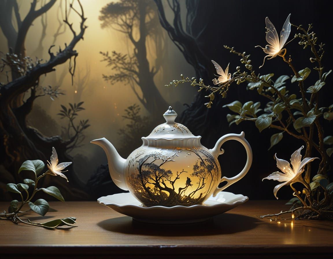 Silver Teapot with Fairies in Dark Baroque Style