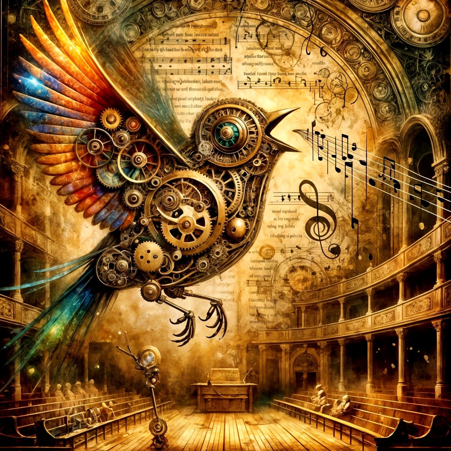 Clockwork Songbird in Golden Age Illustration Style