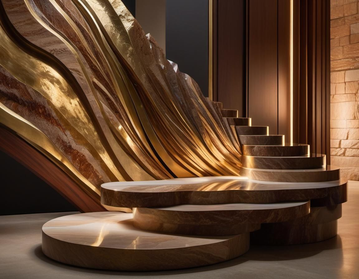 Abstract Sculpture with Mahogany, Brass and Stone Textures