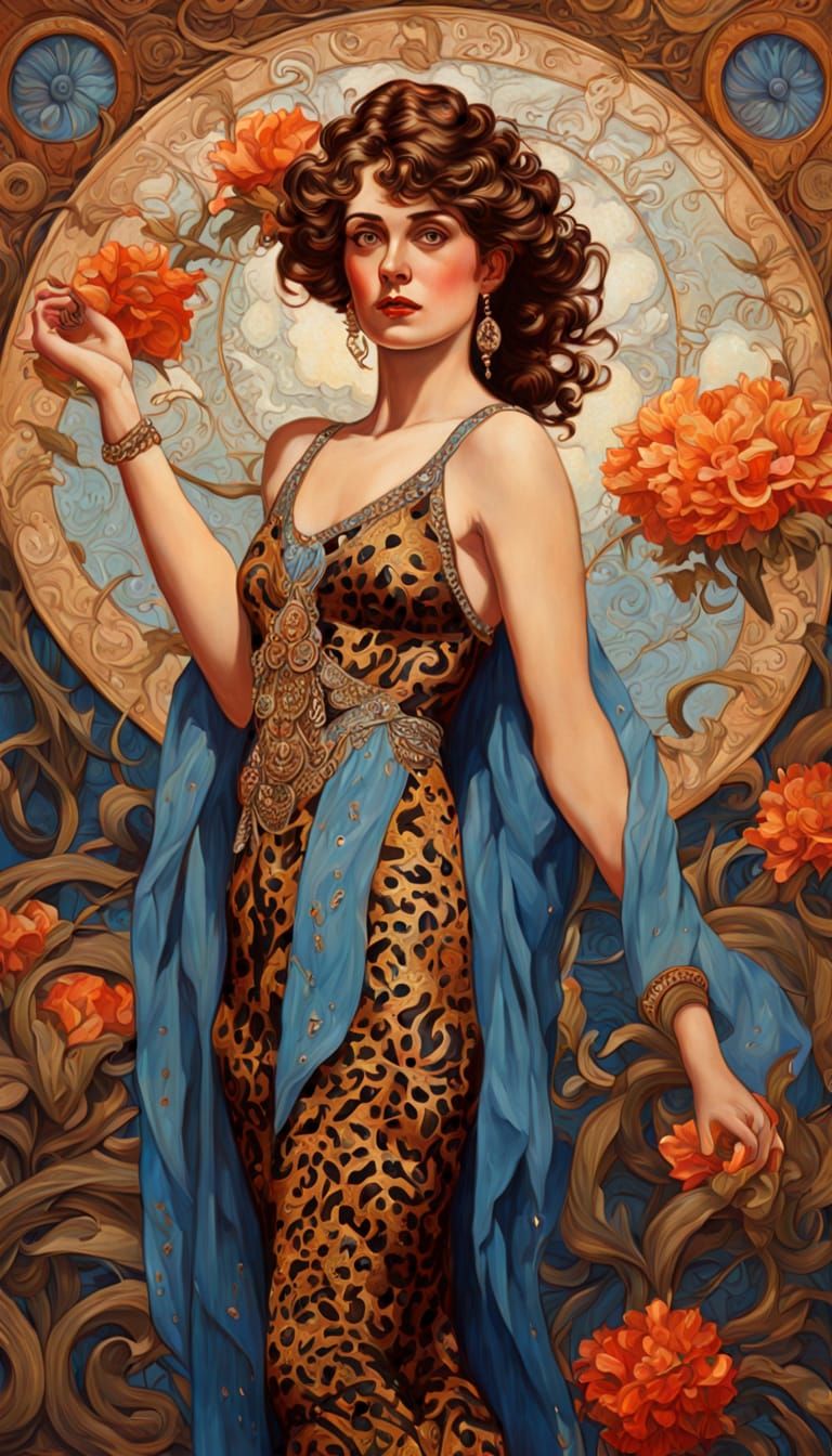 Art Nouveau Strongwoman Poses in Alfons Mucha Style