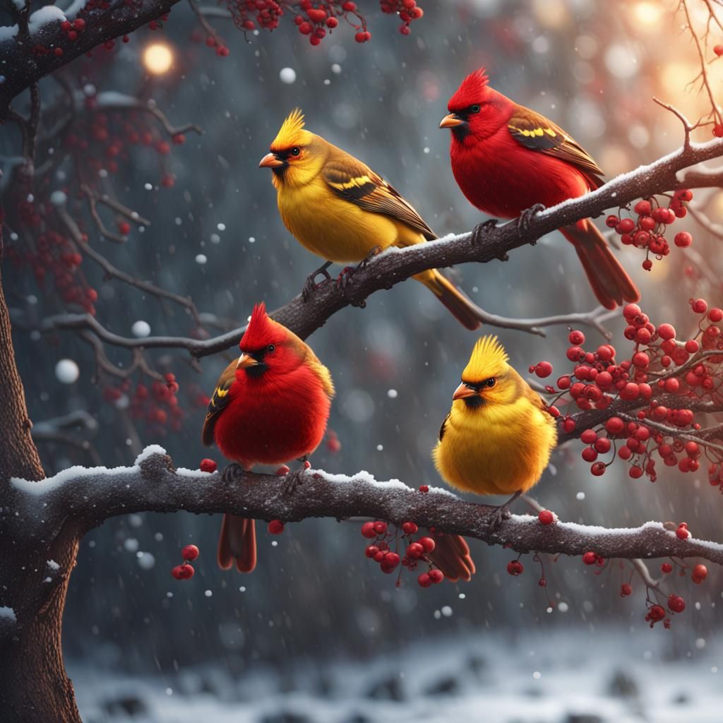 Vivid Birds on Winter Branches in Snow