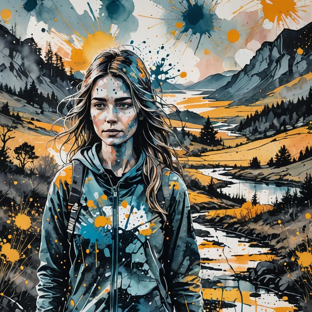Ink Splatter Portrait in Scandinavian Landscape