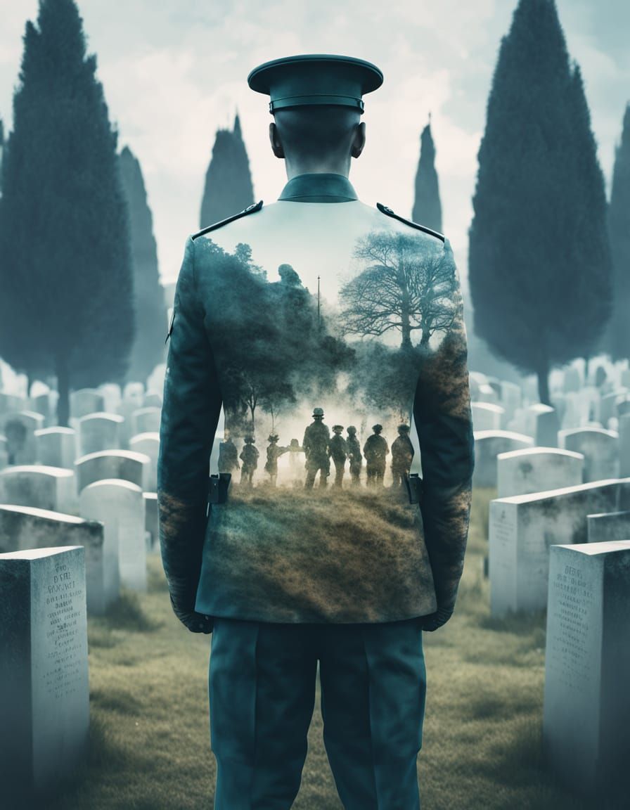 Soldier Silhouette Against Cemetery Landscape in Double Expo...