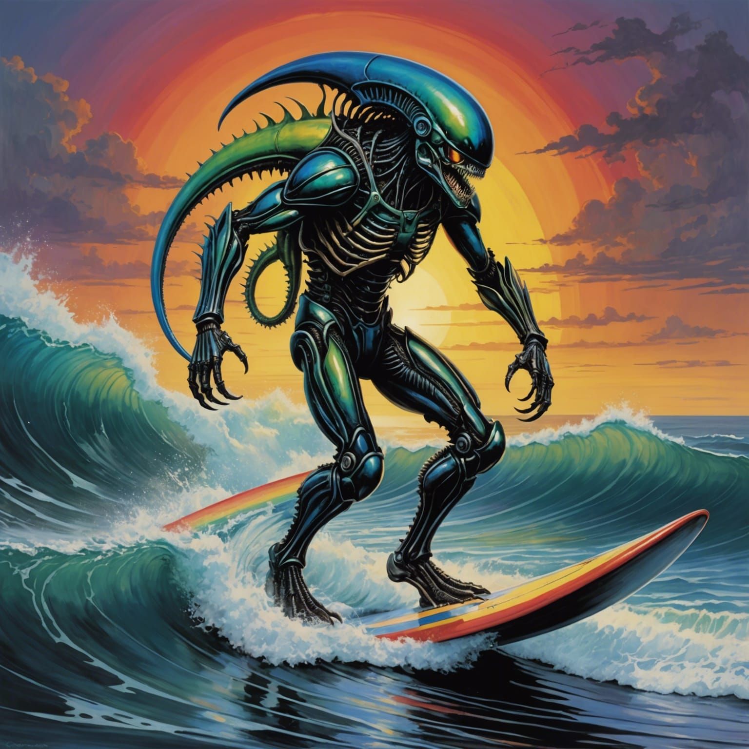 Rainbow Xenomorph Surfing a Sunset Seascape
