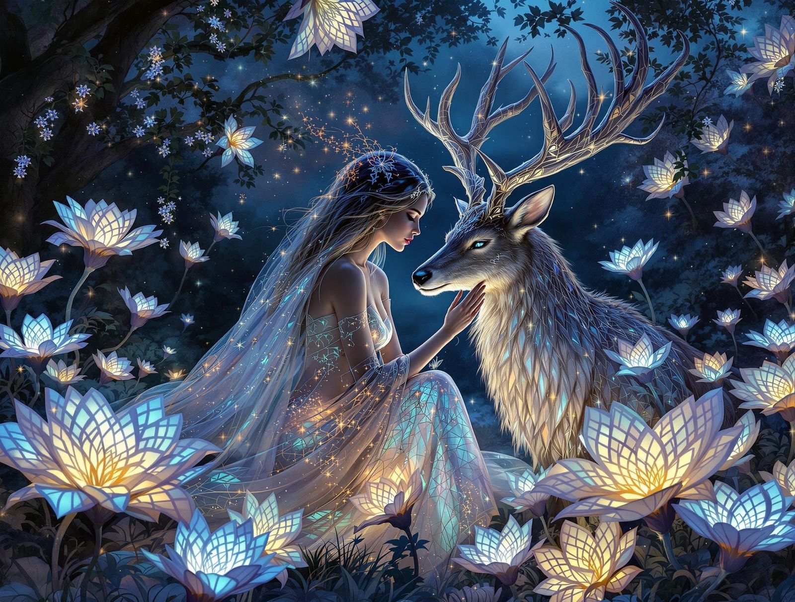 Witch and Stag Embrace in Luminous Garden