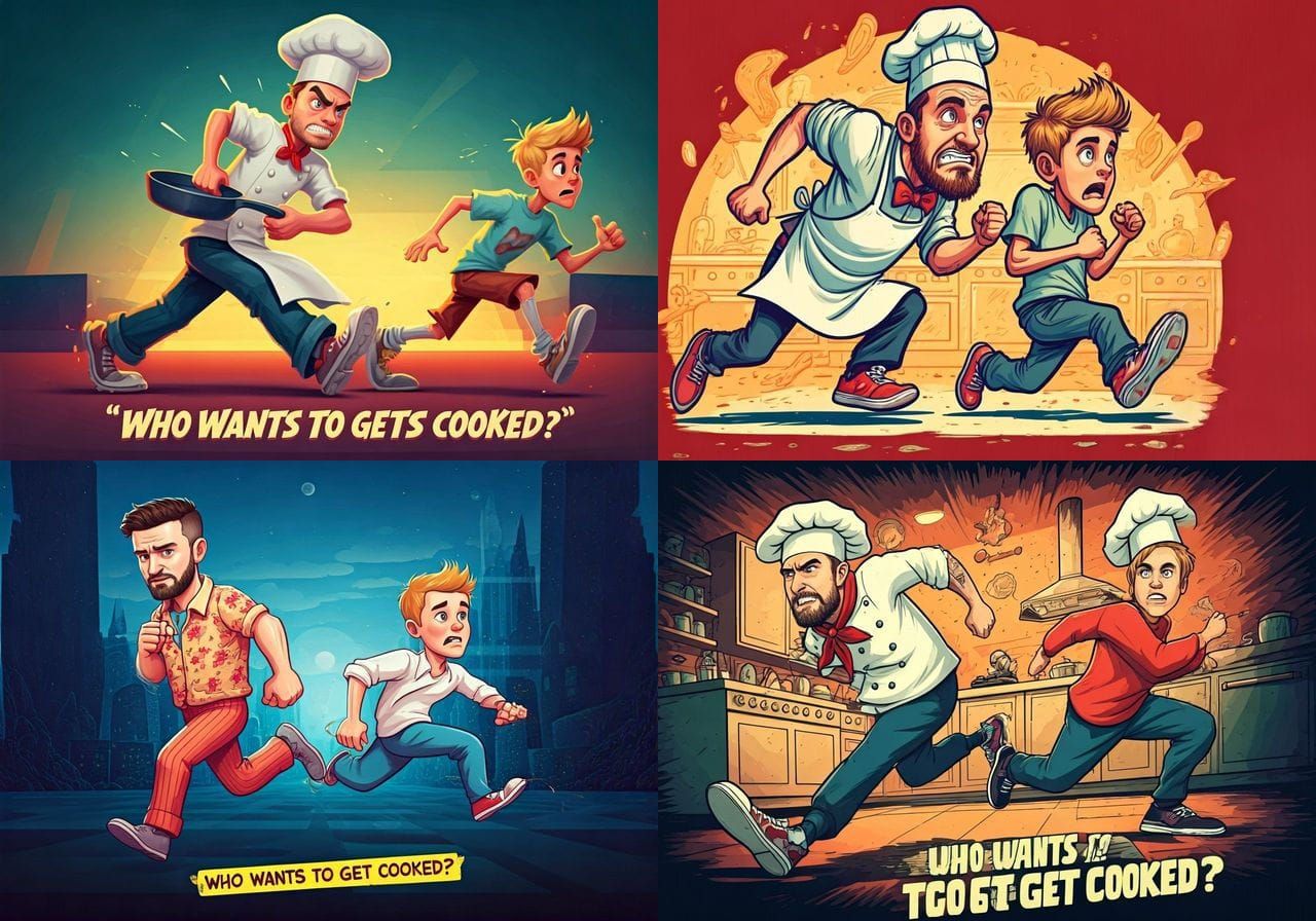 Cartoon: Timberlake Chases Bieber with Frying Pan