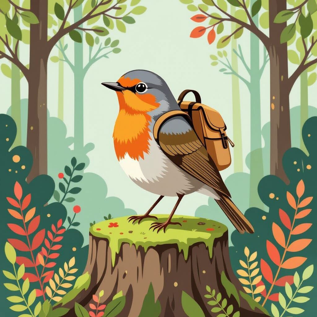 Robin with Backpack in Geometric Style