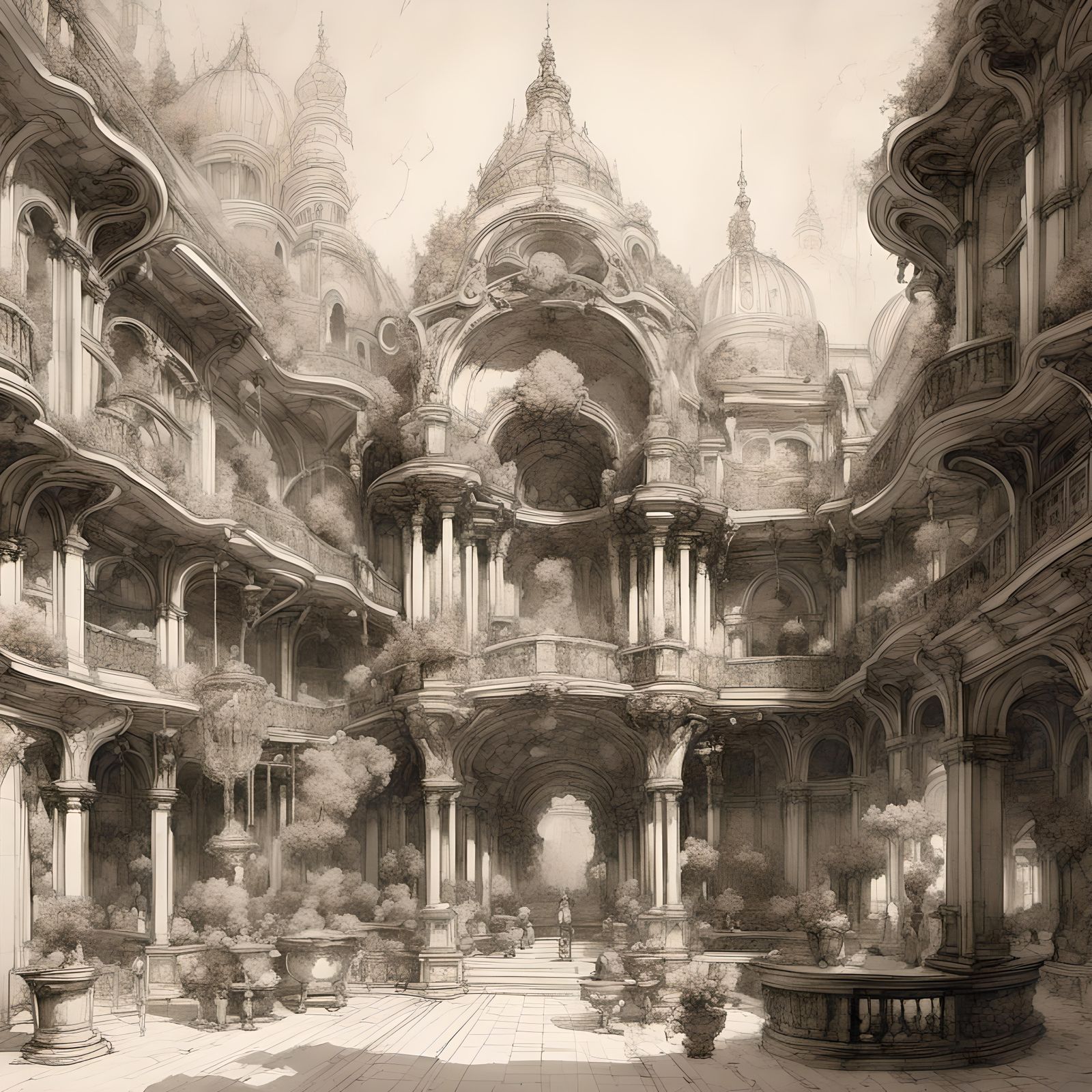 French Renaissance City: Architectural Sketch in Gouache