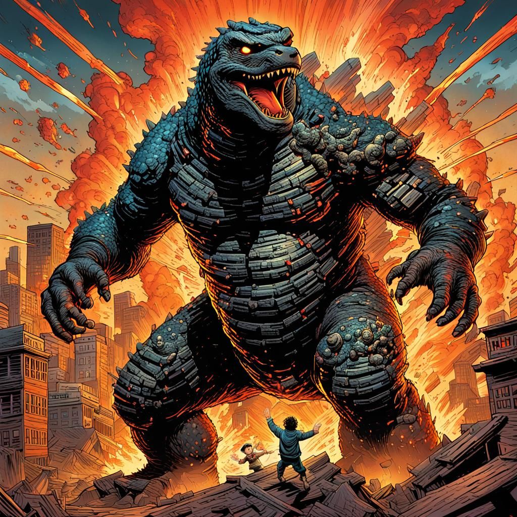 Godzilla vs. Pinocchio in Comic Book Style