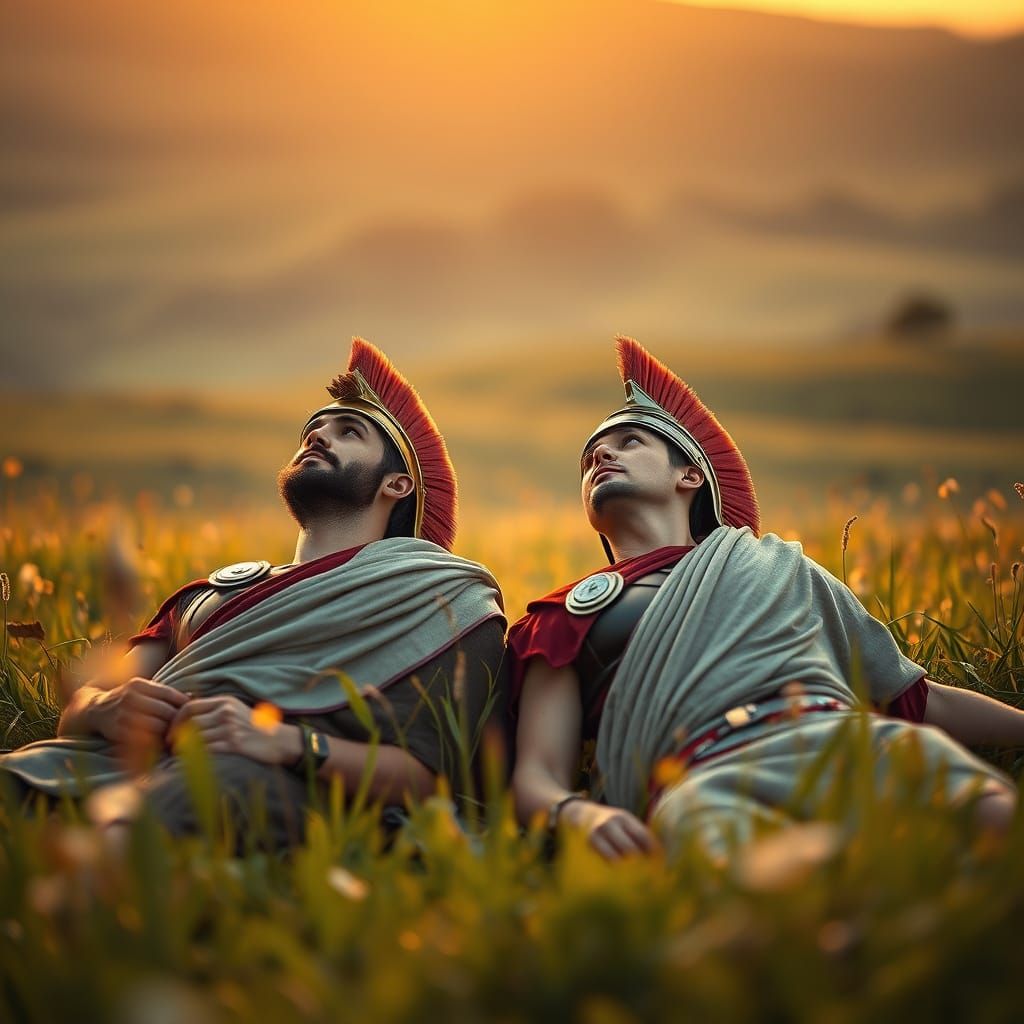 Roman Centurions in Meadow at Sunset