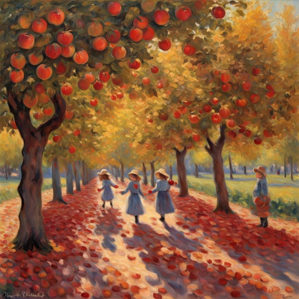 Claude Monet Style Apple Orchard with Children