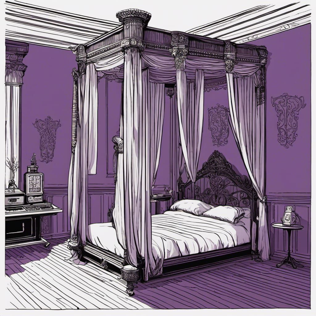 Purple Bedroom with Four Poster Bed in Graphic Novel Style