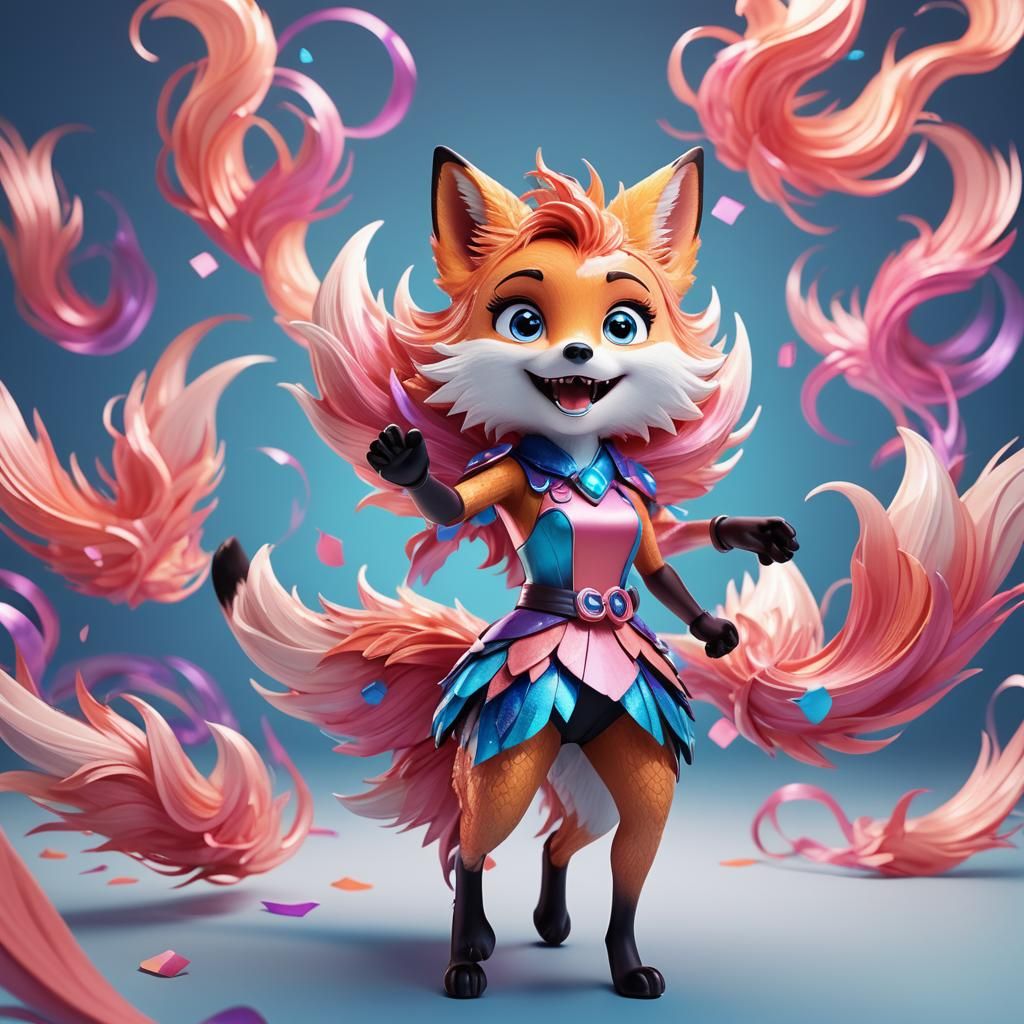 Vibrant Nine-Tailed Fox Girl in Pixar-Inspired 3D Render