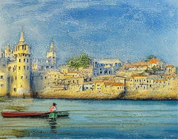 Medieval Port Town at Dawn by the Sea