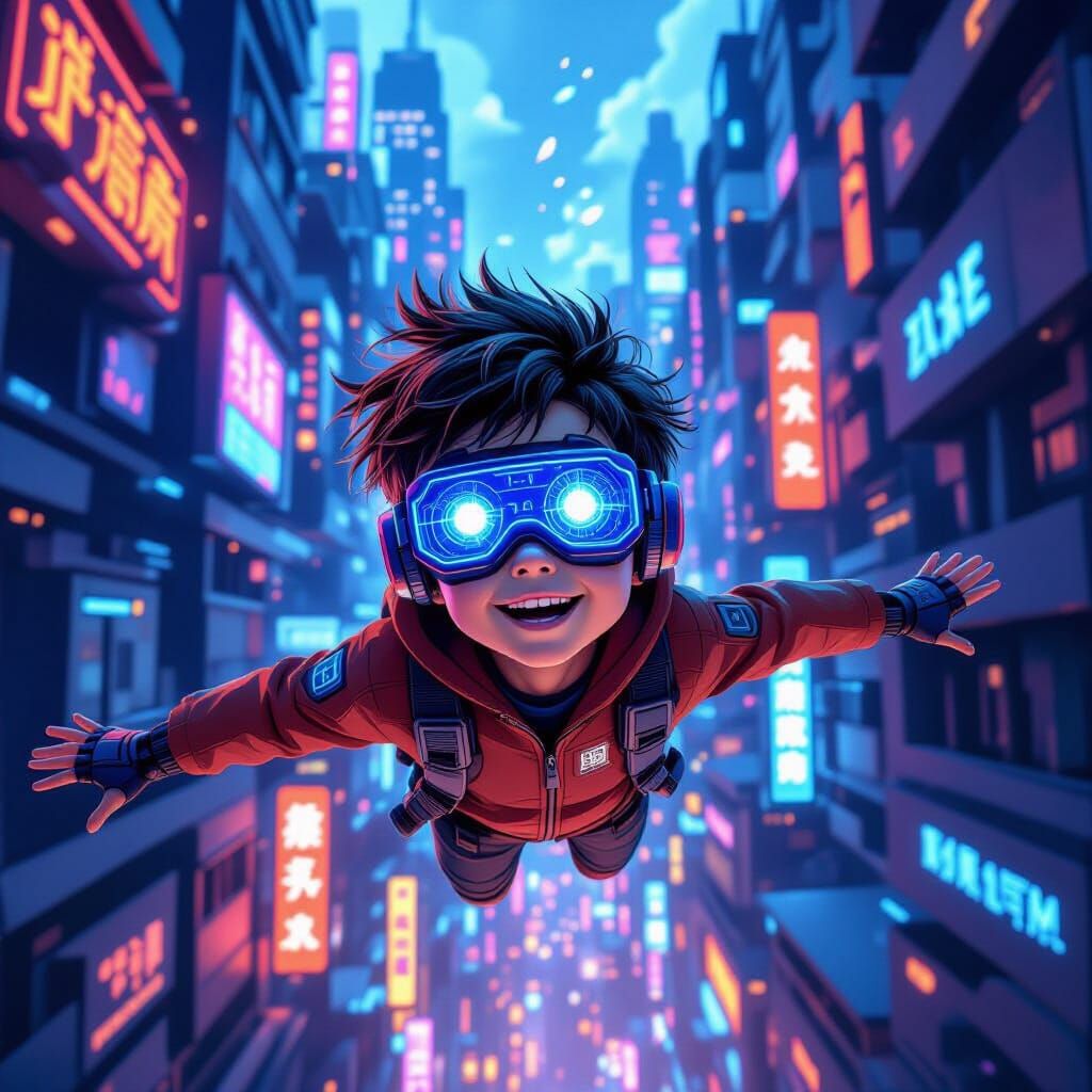 Boy With Cybernetic Eye Soars Through Futuristic City
