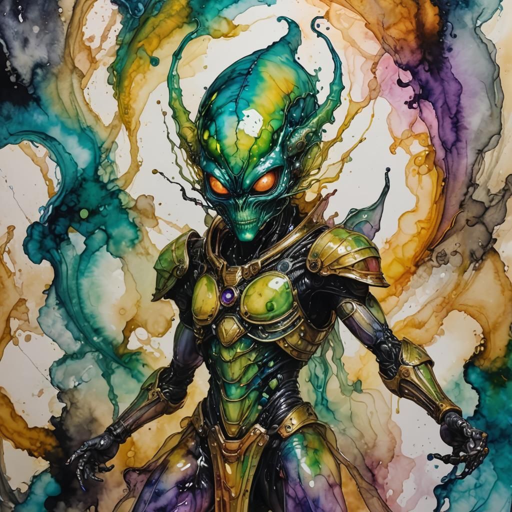 Translucent Alien Warrior: Alcohol Ink Dimensions Vortex