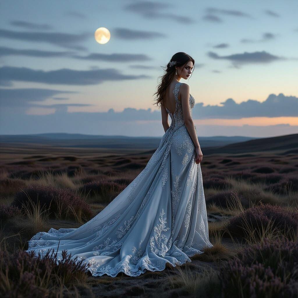 Melancholy Woman on Desolate Moor in Dark Fantasy Style