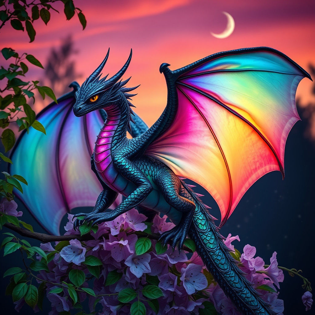 Ethereal Black Dragon with Rainbow Wings at Sundown