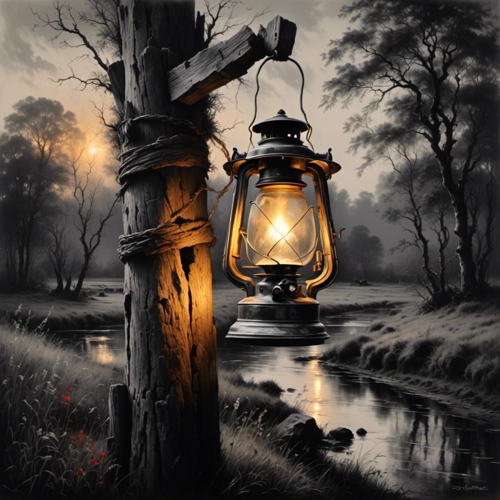Lantern on Wooden Post: Charcoal Art with Color Accents