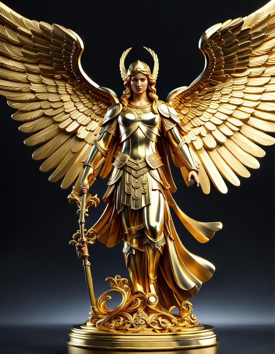 Golden Metallic Archangel Statue in Sci-Fi Style