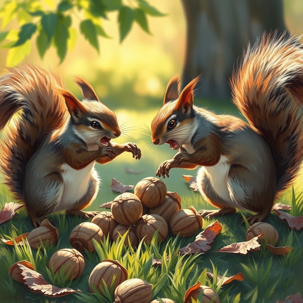 Squirrels Engage in Epic Walnut Battle in Sunlit Backyard