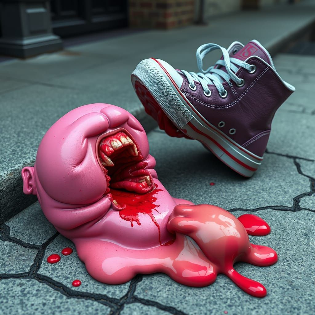 Grotesque Gum Wad Scream in Agony on Cracked Sidewalk