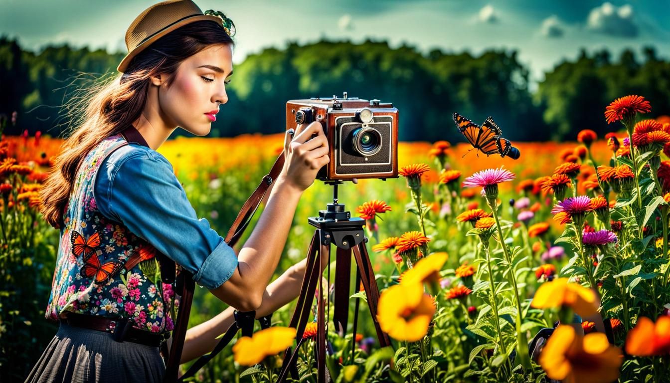 Woman with Box Camera in Flower Field: Hyperrealistic HDR