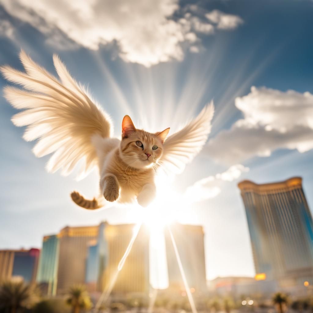 A Cat angel flying above las Vegas Nevada