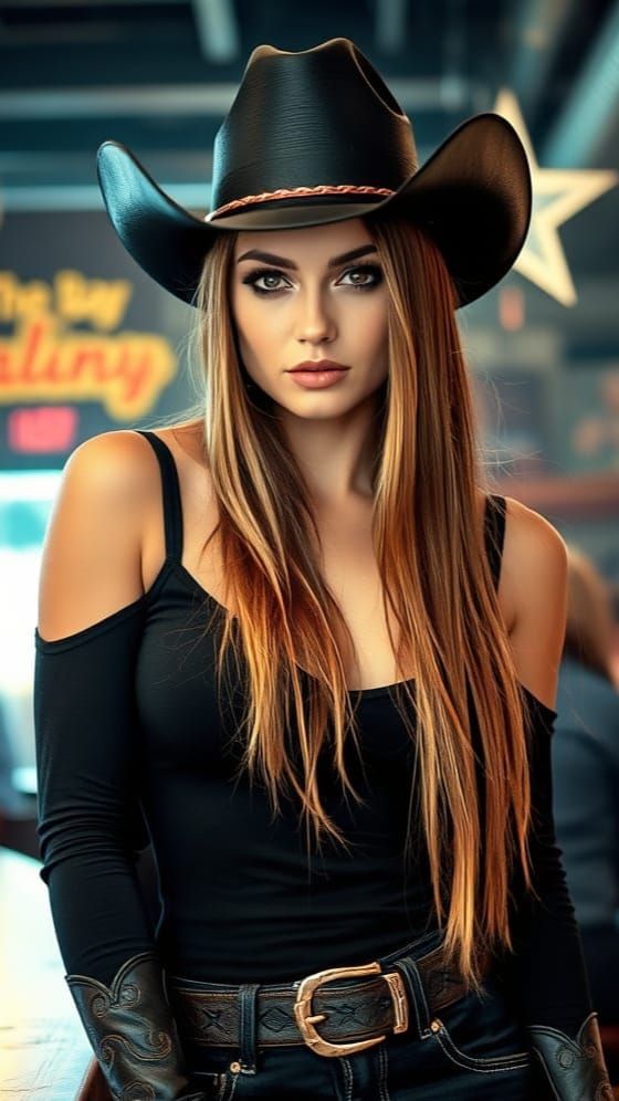 Cowgirl in Western Bar with Alluring Look