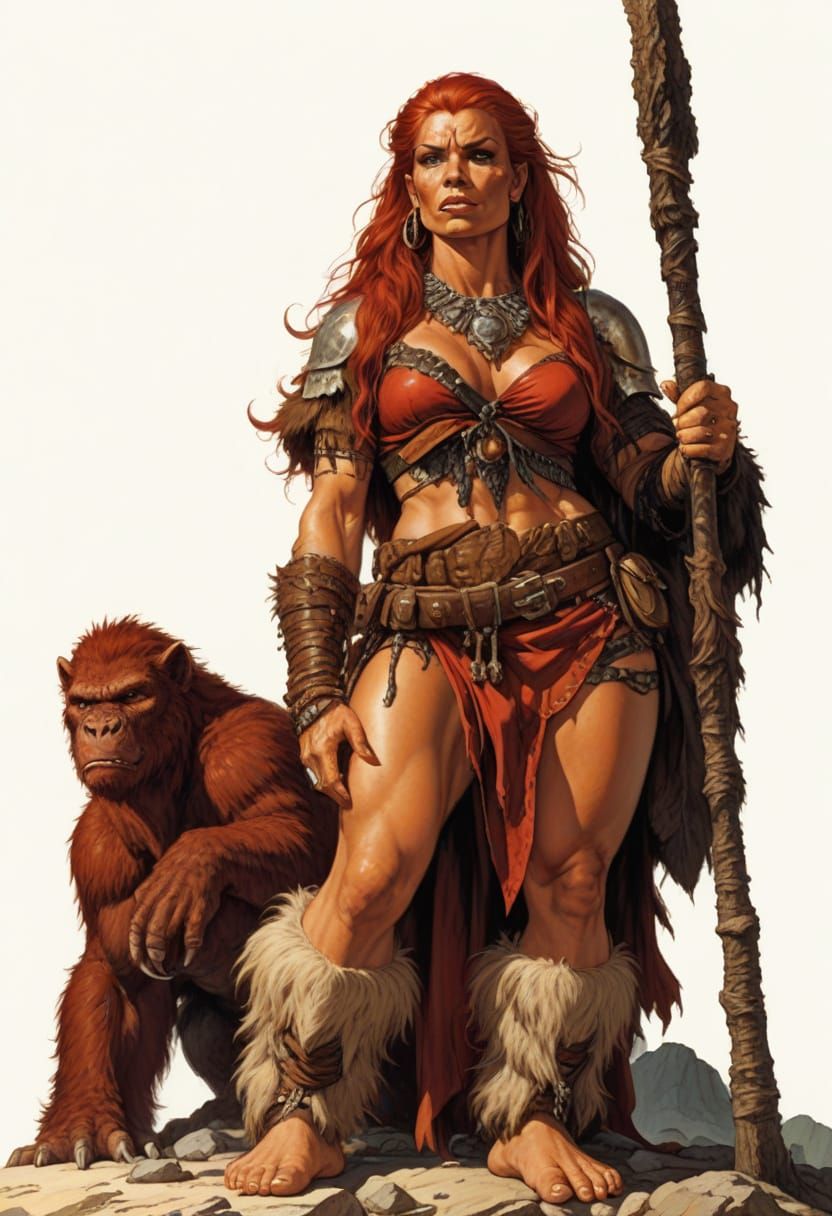 Heroic Cavewoman and Ape Companion in Fantasy Art Style