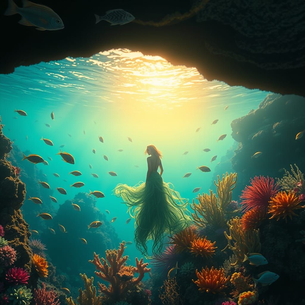 Underwater Coral Reef Scene with Distant Mermaid