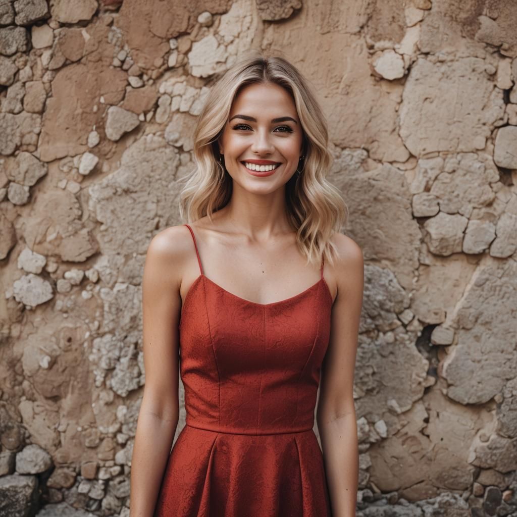 Smiling Blonde Woman in Red Dress Portrait