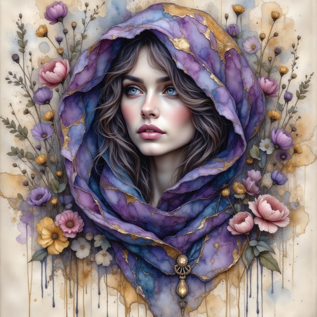 Mysterious Woman in Cosmic Tavern Scene Watercolor