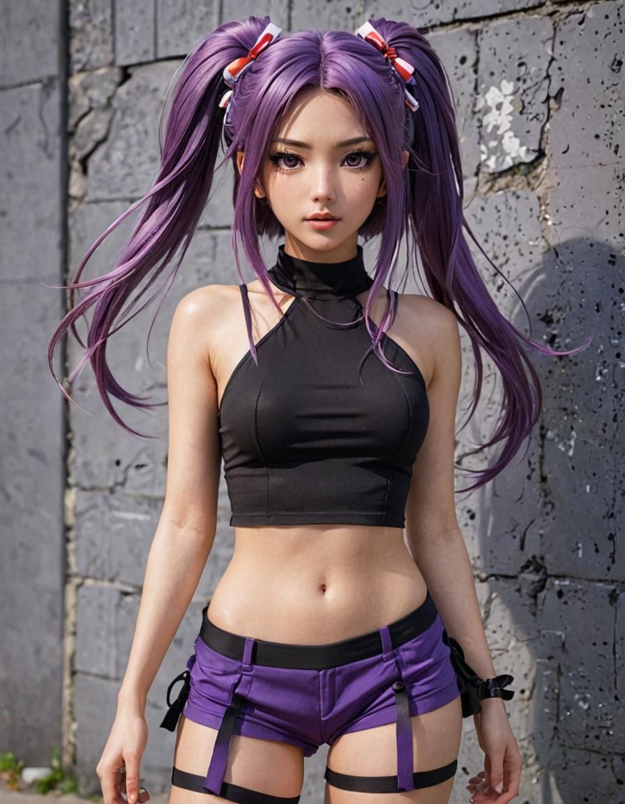 Anime-Style Woman with Purple Hair in Urban Setting