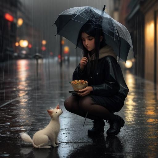 Girl Helps Stray Cat: Fantasy Art by Rutkowski