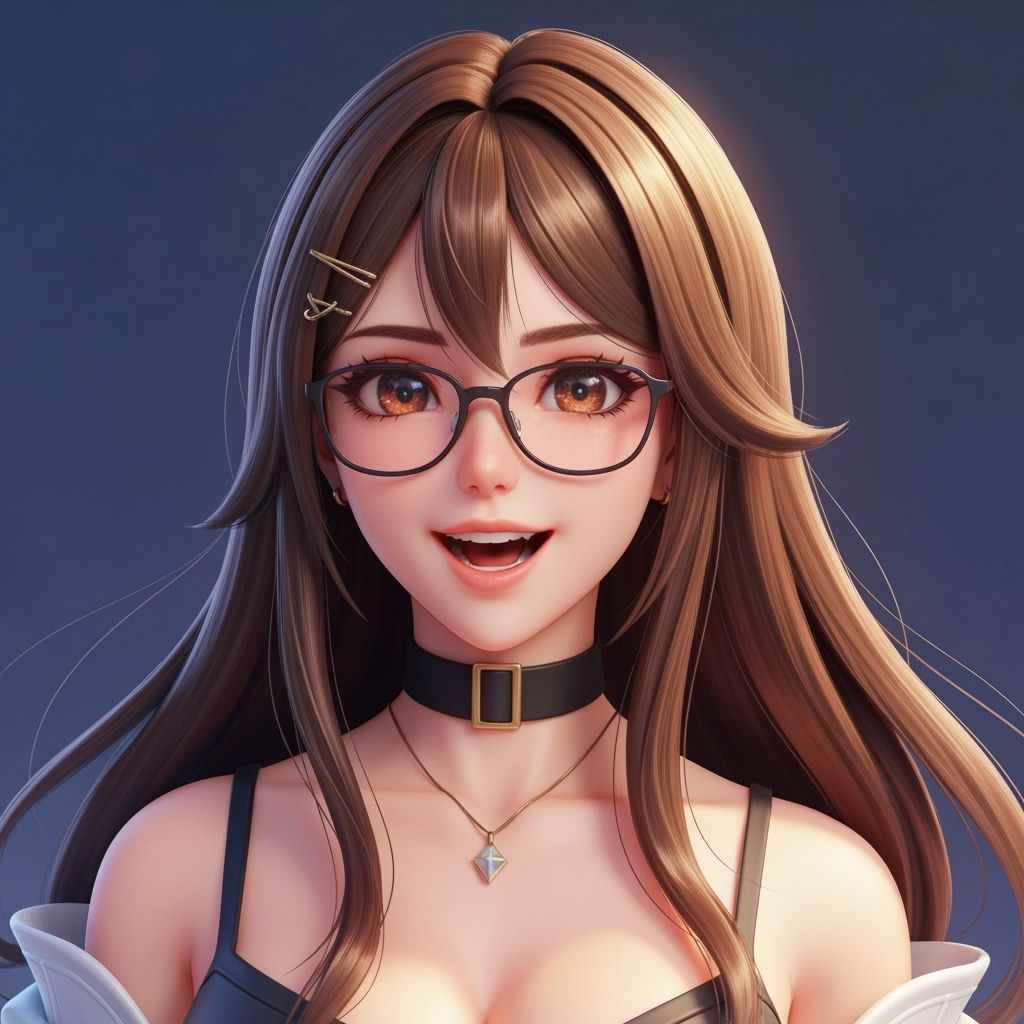 Beautiful Woman with Brown Hair and Glasses in 3D Anime Styl...