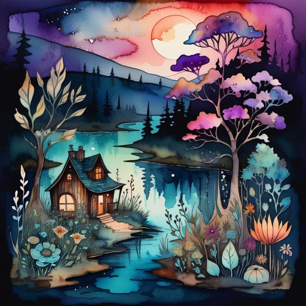 Earthy Witch's Riverside Home: Watercolor Illustration