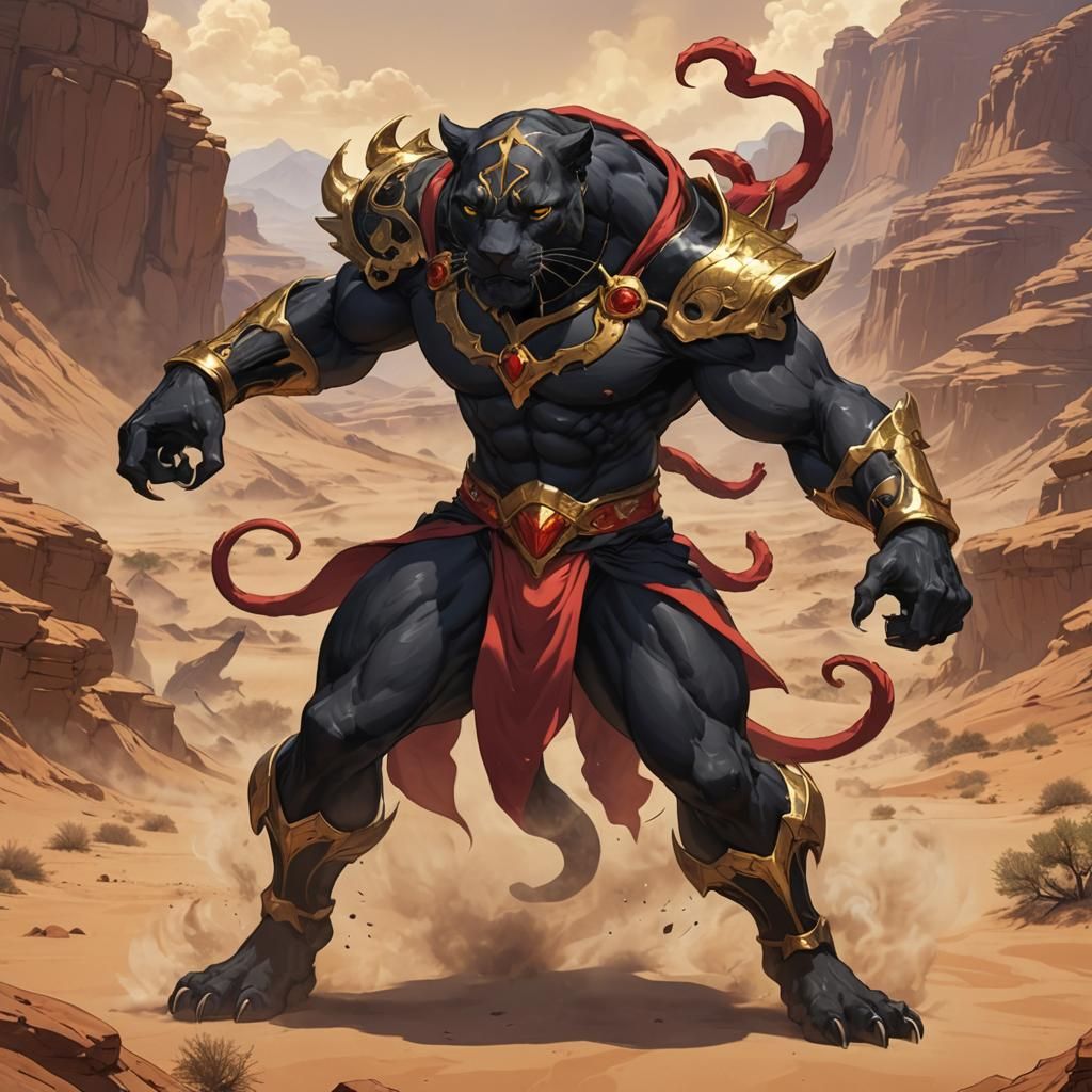 Black Smoke Panther Genie in Cel-Shaded Anime Style