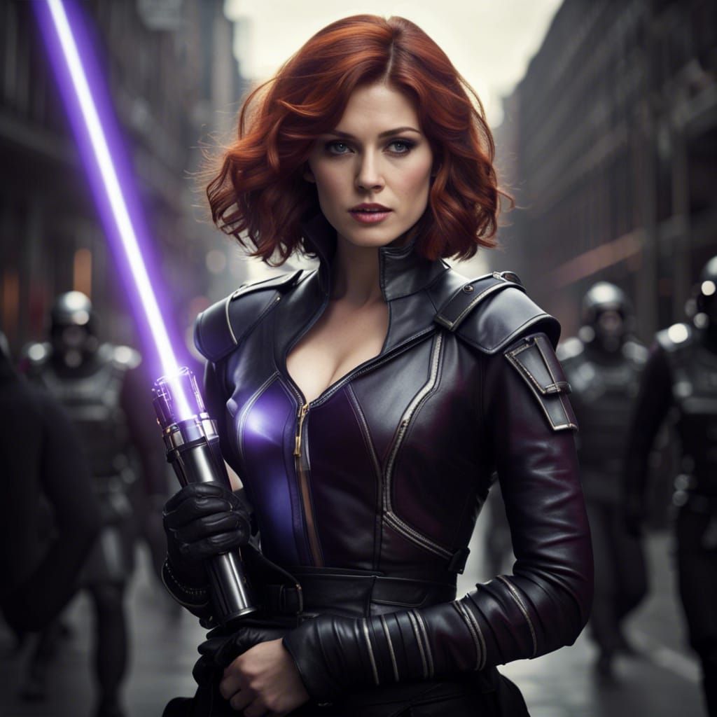Ginger-Haired Woman with Lightsaber in Epic Scene