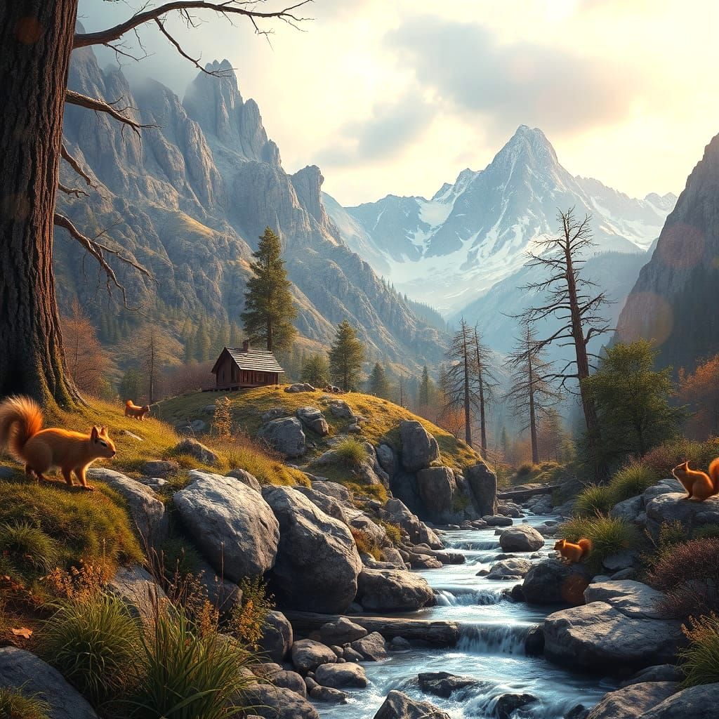 Fantasy Landscape with Treehouse, Photorealistic Digital Art