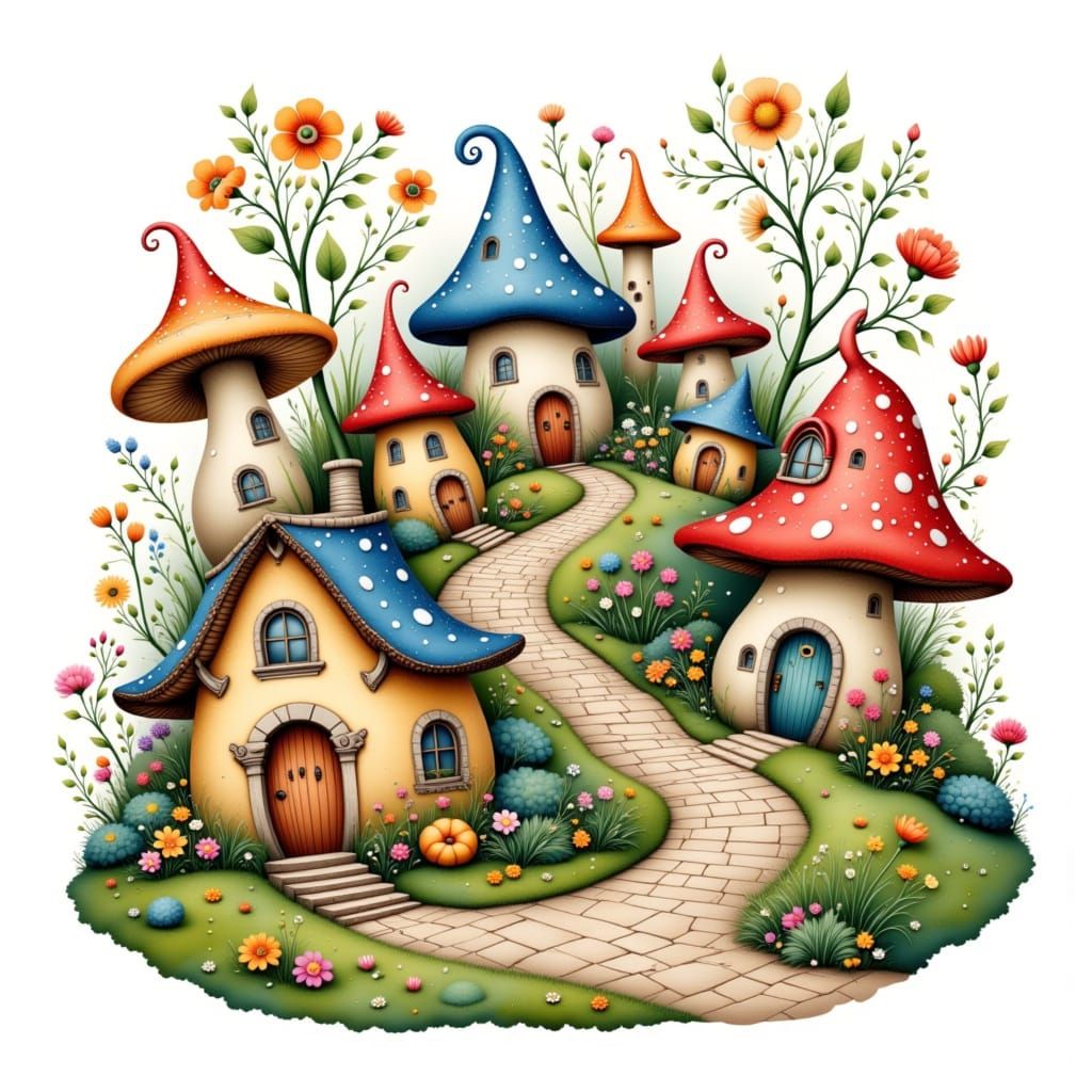 Mushroom Village in Folk Art Nouveau Style