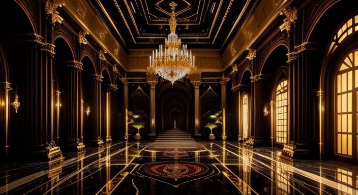 Luxurious Cyberpunk Palace Interior with Gold and Marble